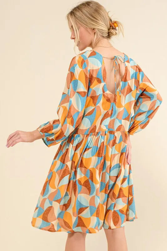 Printed Open Back Puff Sleeve Casual Dress-The printed open back puff sleeve casual dress is a trendy and playful option for a fun and stylish look. The printed design adds a pop of color to the dress.-Reef Love Boho-Chic Boutique