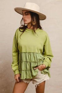 French Terry and Woven Mixed Tiered Tunic-Stay cozy and chic in our light olive French terry and woven mixed tiered tunic. With a flowy and soft texture, for everyday layering and effortless style.-Reef Love Boutique