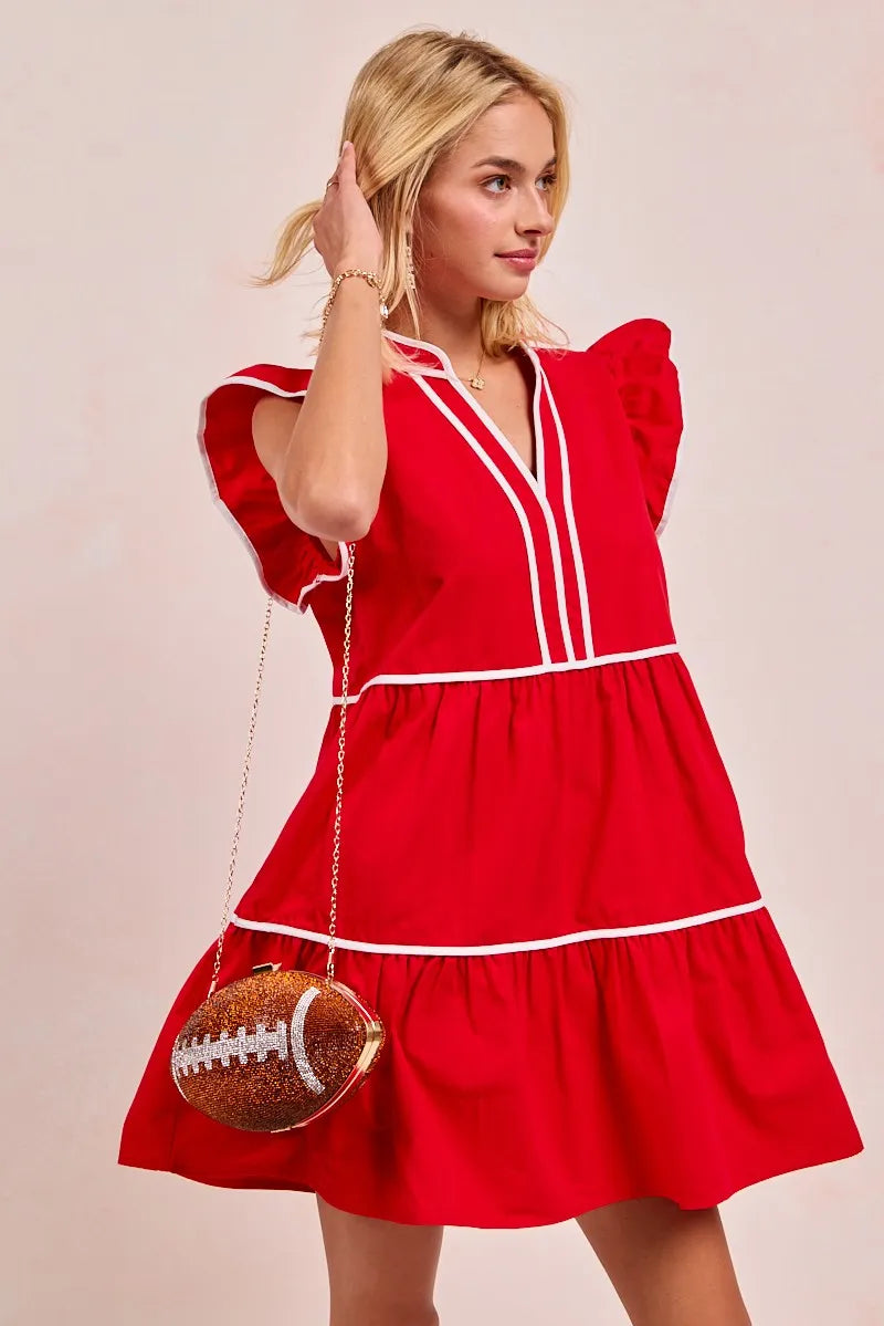 Gameday Ruffle Tier Mini Dress-Get gameday ready in this red tiered dress with contrast binding and ruffled details. A sporty-chic cotton favorite with playful details ready for football. -Reef Love Boutique