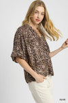 Leopard Bubble Sleeve Scalloped Hem Blouse
