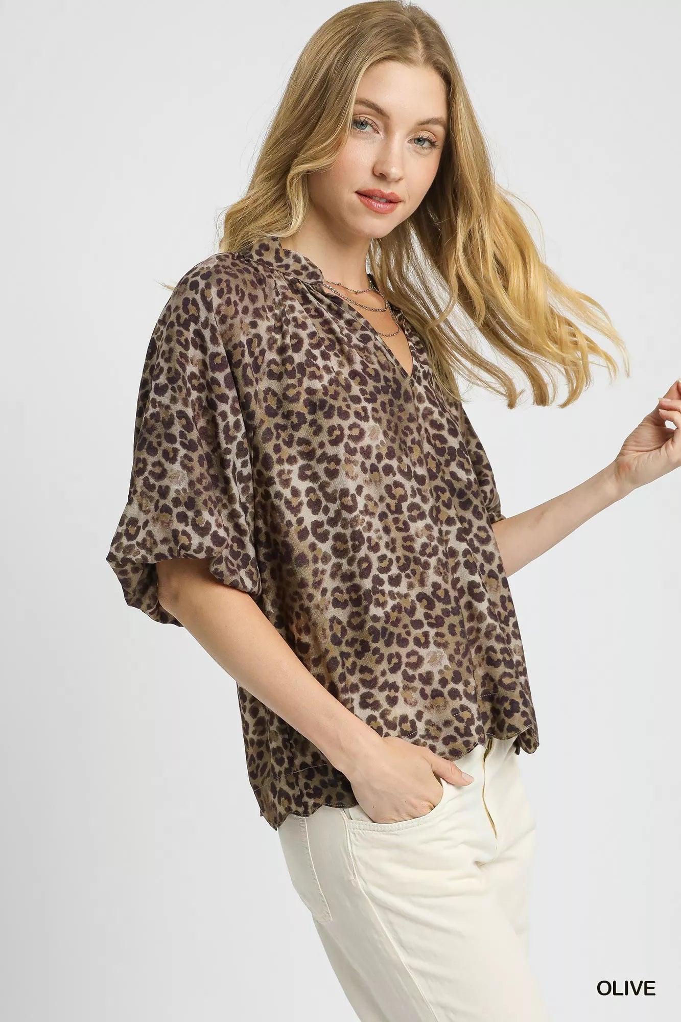 Leopard Bubble Sleeve Scalloped Hem Blouse
