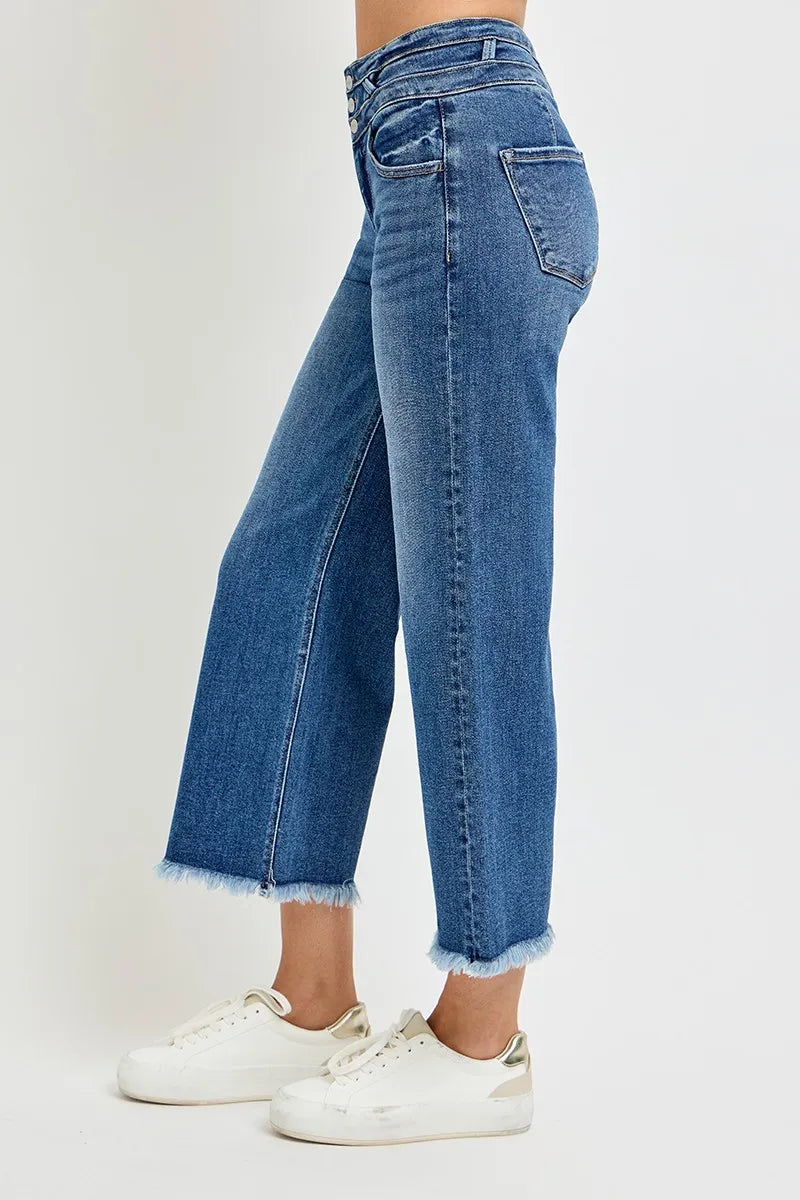 RISEN High Rise Crop Wide Leg Jeans with Wide Band Detail-RISEN-Reef Love