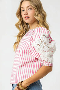Shop Pink + White Striped Lace Puff Sleeve Blouse-Add a coastal twist to your wardrobe with this pink and white striped puff sleeve blouse. Features a cropped fit, oversized bow detail, breathable 100% cotton.-available at Reef Love online boho-chic boutique