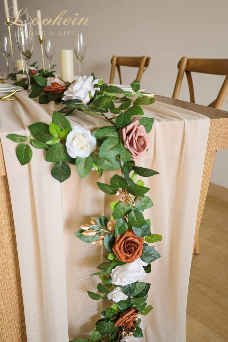 Lookein 10 Feet Champagne Chiffon Table Runner Sheer Wedding Table Cloth 29X120 Inches Rustic Wedding Decorations French Chiffon Table Runner