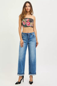 RISEN Elastic Band Slouch Ankle Boyfriend Cuffed Hem Jeans-RISEN-Reef Love