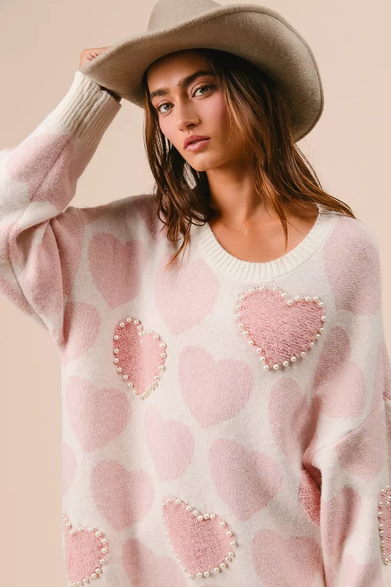 Heart Pattern Sweater with Pearl Detail-BiBi-Reef Love