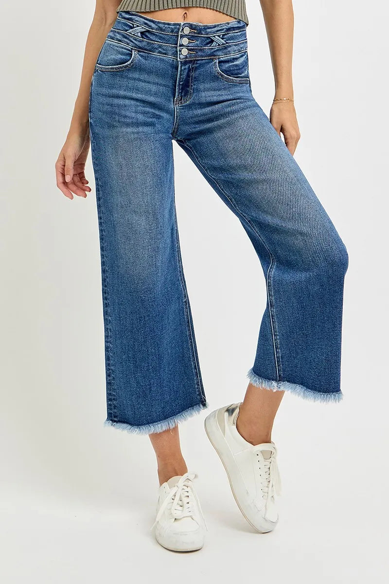 RISEN High Rise Crop Wide Leg Jeans with Wide Band Detail-RISEN-Reef Love