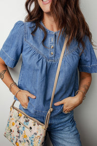 Denim Pleated Half Buttoned Short Sleeve Blouse-Blouse-Reef Love