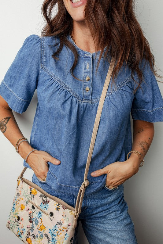 Denim Pleated Half Buttoned Short Sleeve Blouse-Blouse-Reef Love
