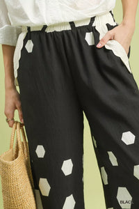 Hexagon Print Wide Leg Pants with Scalloped Hem-Wide Leg Pants-Reef Love