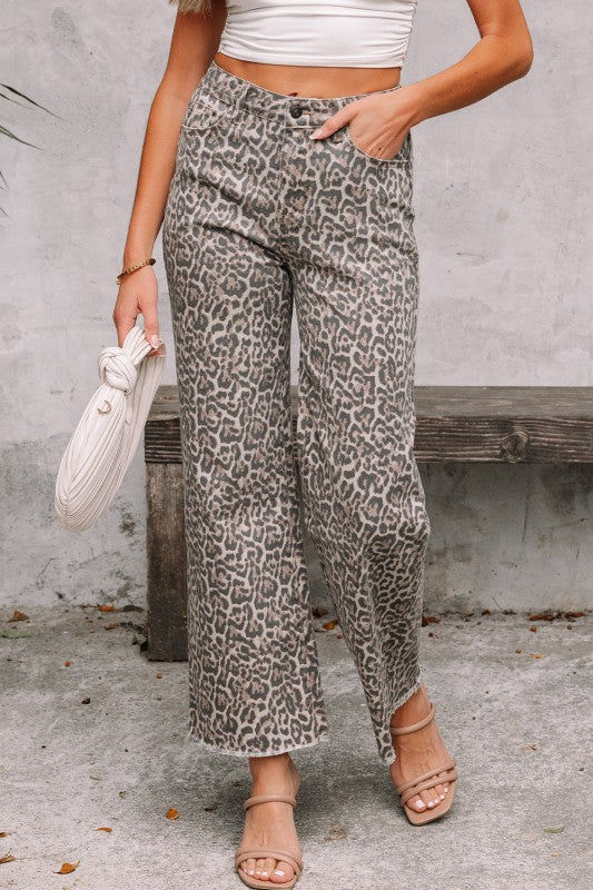 Leopard Frayed Edge Wide Leg Jeans-JUNIPER BLVD-Reef Love