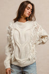 Faux Fur Detailed Pointelle Cable Knit Sweater-Reef Love
