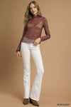 Burgundy Nylon Lace Mesh Long Sleeve Top