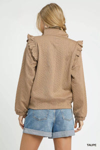 Cable Knit Textured Pullover with Ruffle Shoulders, Taupe-Reef Love