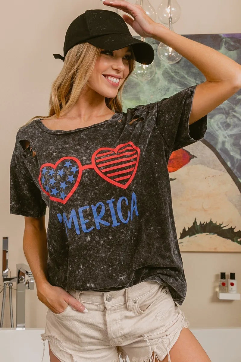 BiBi 4th Of July Theme Mineral Washed Laser Cut Top-T-Shirt-Reef Love