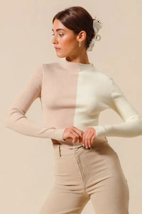 Taupe Color Block Fitted Crop Sweater