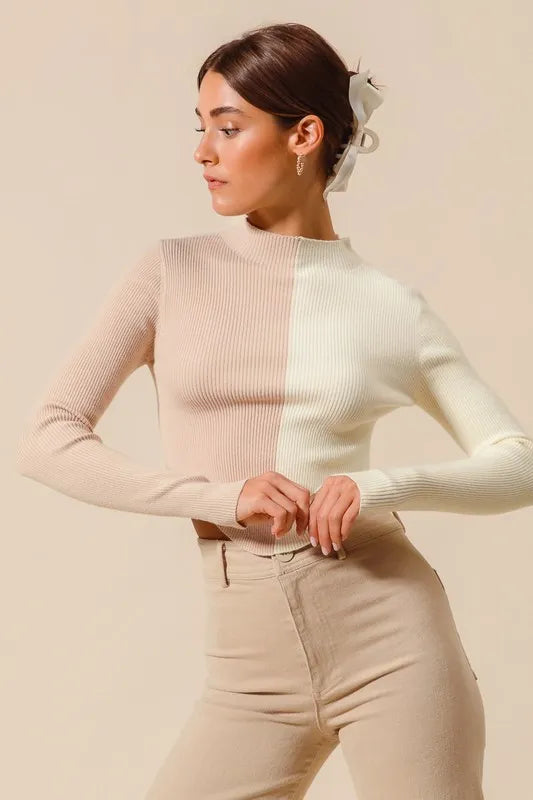 Taupe Color Block Fitted Crop Sweater