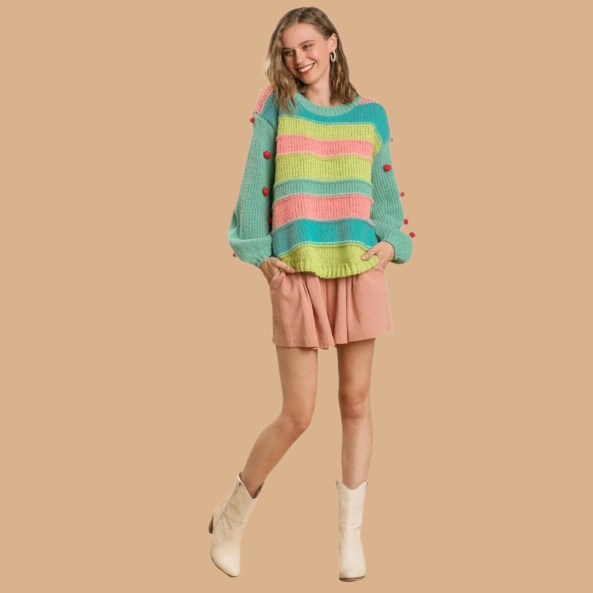 Umgee Color Block Cable Knit Sweater with Pom Poms-Sweater-Reef Love