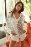 Woman wearing Slub Jersey with Lace Combo Buttoned Hoodie Top-This slub jersey with lace combo buttoned hoodie top blends casual comfort with feminine elegance through its lace detailing and buttoned hoodie design. 