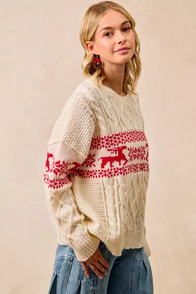 Christmas Theme Patterned Cable Knit Sweater