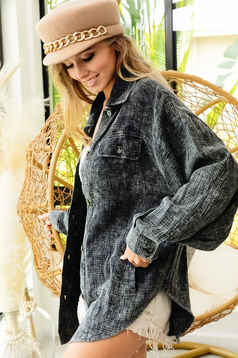 Vintage Charcoal Washed Wrinkle Gauze Shacket