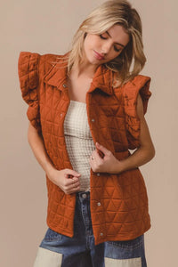 Quilting Knit Ruffle Sleeve Vest, Rust
