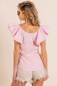 Shop Wide Layered Ruffle Sleeve Scoop Neck Ribbed Top-Stay cute and comfortable in our Pink Ruffle Cap Sleeve T-Shirt. Soft stretch fabric, romantic ruffle sleeves, and a flattering fit make it a must-have essential-Reef Love Boho-Chic Boutique