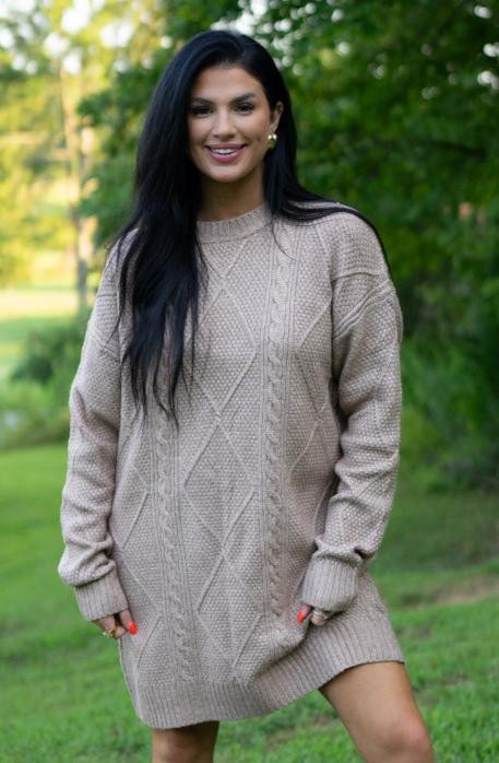 Aura Cable Knit Drop Shoulder Sweater Dress – Parchment Beige