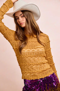 Ruffle Detail Mardi Gras Flower Lace Top, Mustard Gold-BiBi-Reef Love