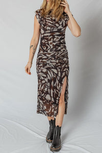 Abstract Mesh Cowl Neck Rusched Slit Midi Dress-JUNIPER BLVD-Reef Love