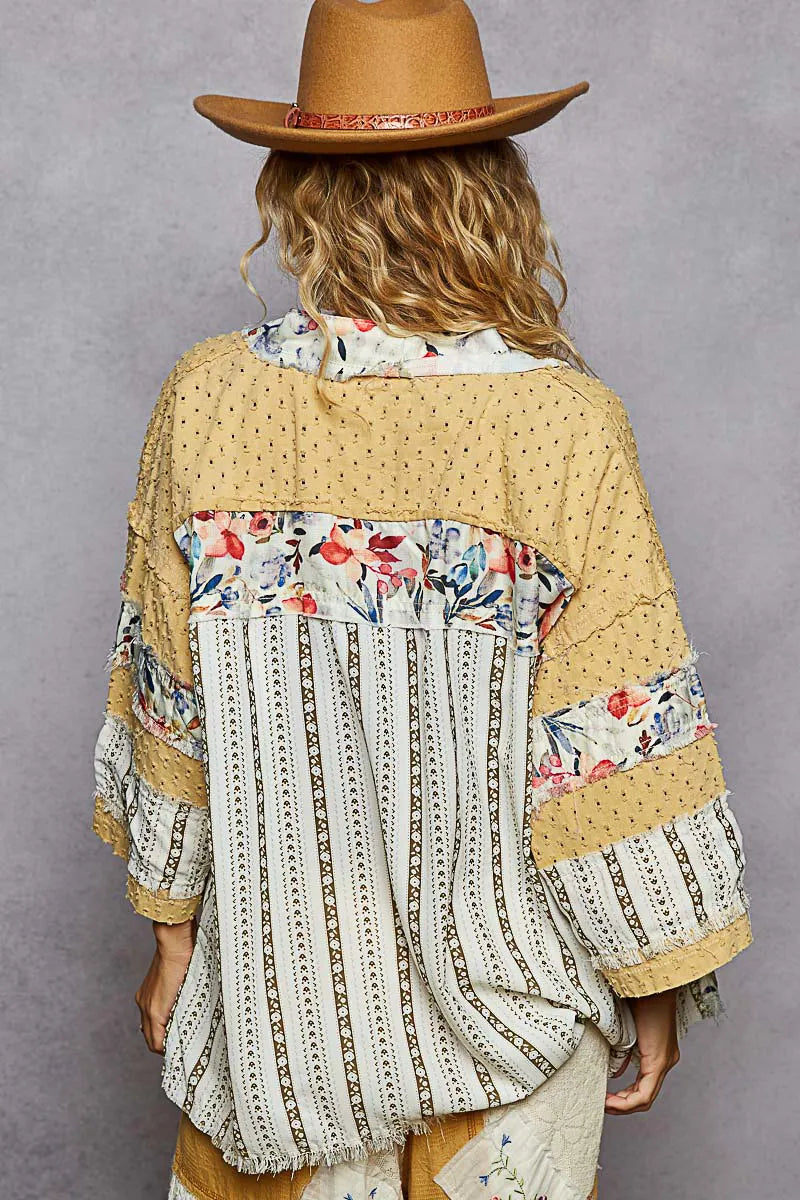 Shop POL Raw Edge Open Front Patchwork Cardigan with Floral Trim-available at Reef Love online boho-chic boutique