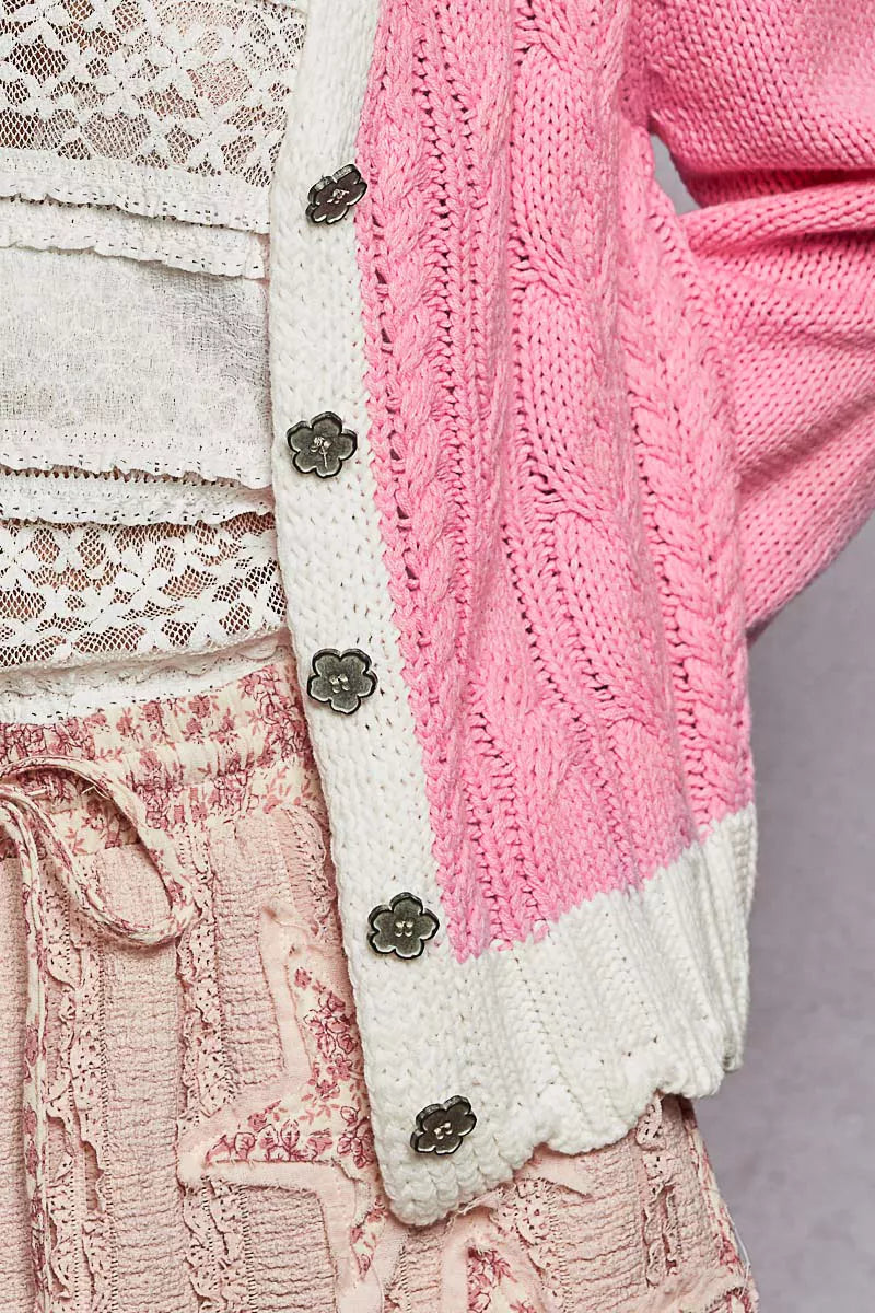 Pink Button Down Cable-Knit Cardigan-POL-Reef Love
