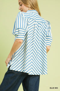 Chic blue mix striped puff sleeve blouse with a flattering V-neck and wide collar.
