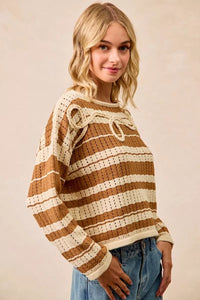 BiBi Striped Open Knit Sweater Top with Front Braided Detail-Trendsi-Reef Love