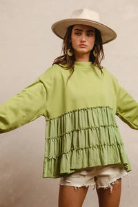 French Terry and Woven Mixed Tiered Tunic-Stay cozy and chic in our light olive French terry and woven mixed tiered tunic. With a flowy and soft texture, for everyday layering and effortless style.-Reef Love Boutique