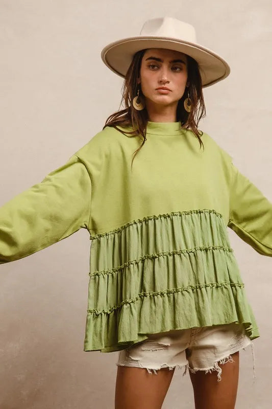 French Terry and Woven Mixed Tiered Tunic-Stay cozy and chic in our light olive French terry and woven mixed tiered tunic. With a flowy and soft texture, for everyday layering and effortless style.-Reef Love Boutique