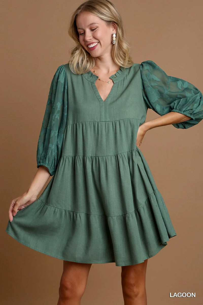 Floral Contrast Sleeve Tiered Dress