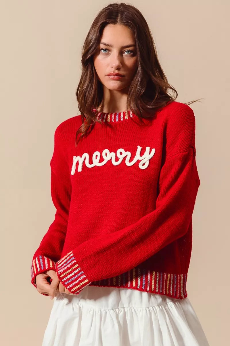 Merry Embroidered Christmas Sweater-Reef Love