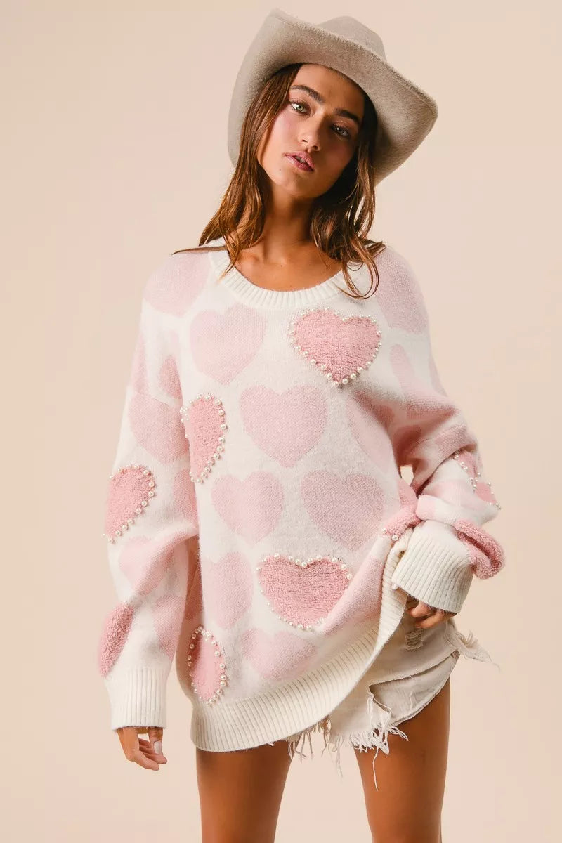 Heart Pattern Sweater with Pearl Detail-BiBi-Reef Love