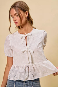 White Cotton Sunlit Eyelet Front-Tie Blouse-Reef Love