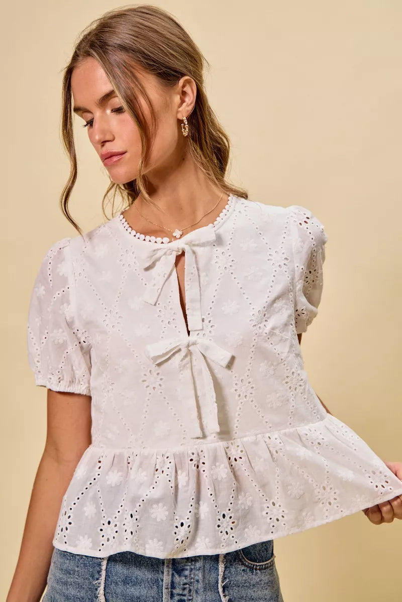 White Cotton Sunlit Eyelet Front-Tie Blouse-Reef Love