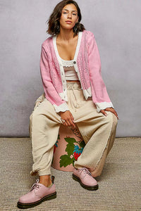 Pink Button Down Cable-Knit Cardigan-POL-Reef Love