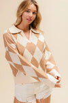 Shop Diamond Pattern Collared Notch Neck Sweater-Chic and cozy, the Diamond Pattern Collared Notch Neck Sweater, classic argyle design, soft knit fabric, timeless polo collar. Effortless everyday elegance.-Reef Love Boho-Chic Boutique
