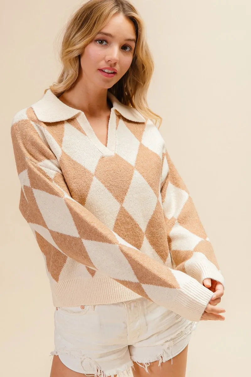 Shop Diamond Pattern Collared Notch Neck Sweater-Chic and cozy, the Diamond Pattern Collared Notch Neck Sweater, classic argyle design, soft knit fabric, timeless polo collar. Effortless everyday elegance.-Reef Love Boho-Chic Boutique