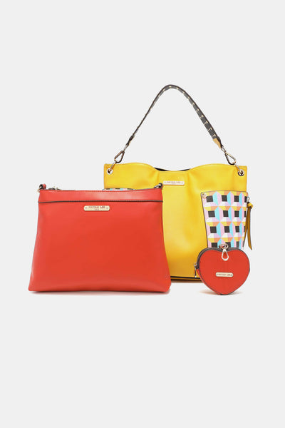 Women’s Three piece handbag set includes a Large Shoulder Bag, a Solid Bag, and a charming Heart Coin Pouch.