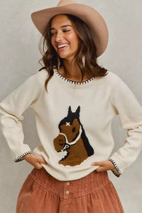 Horse Knit Sweater Top with Blanket Stitch-Sweater-Reef Love