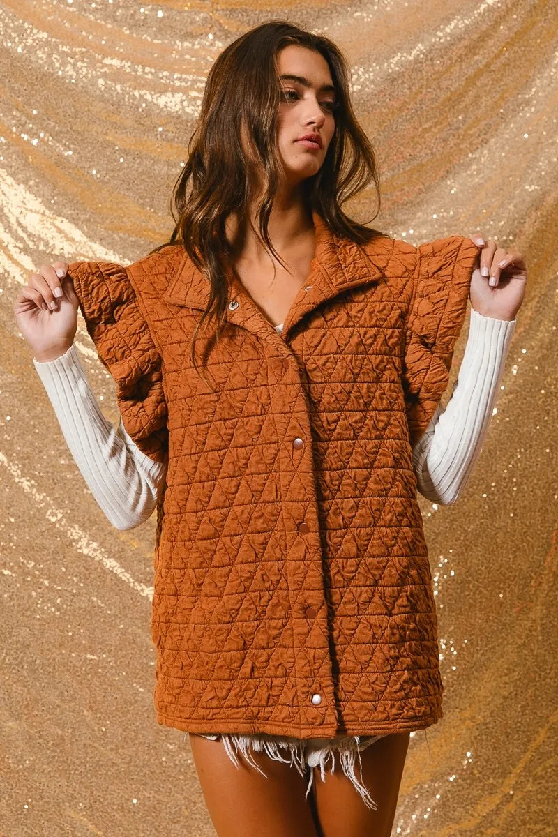 Quilting Knit Ruffle Sleeve Vest, Rust