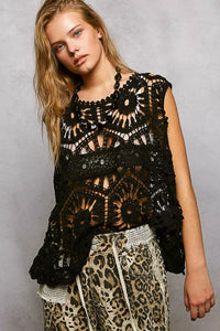 POL Openwork Floral Crochet Tank, Black-Tank Top-Reef Love