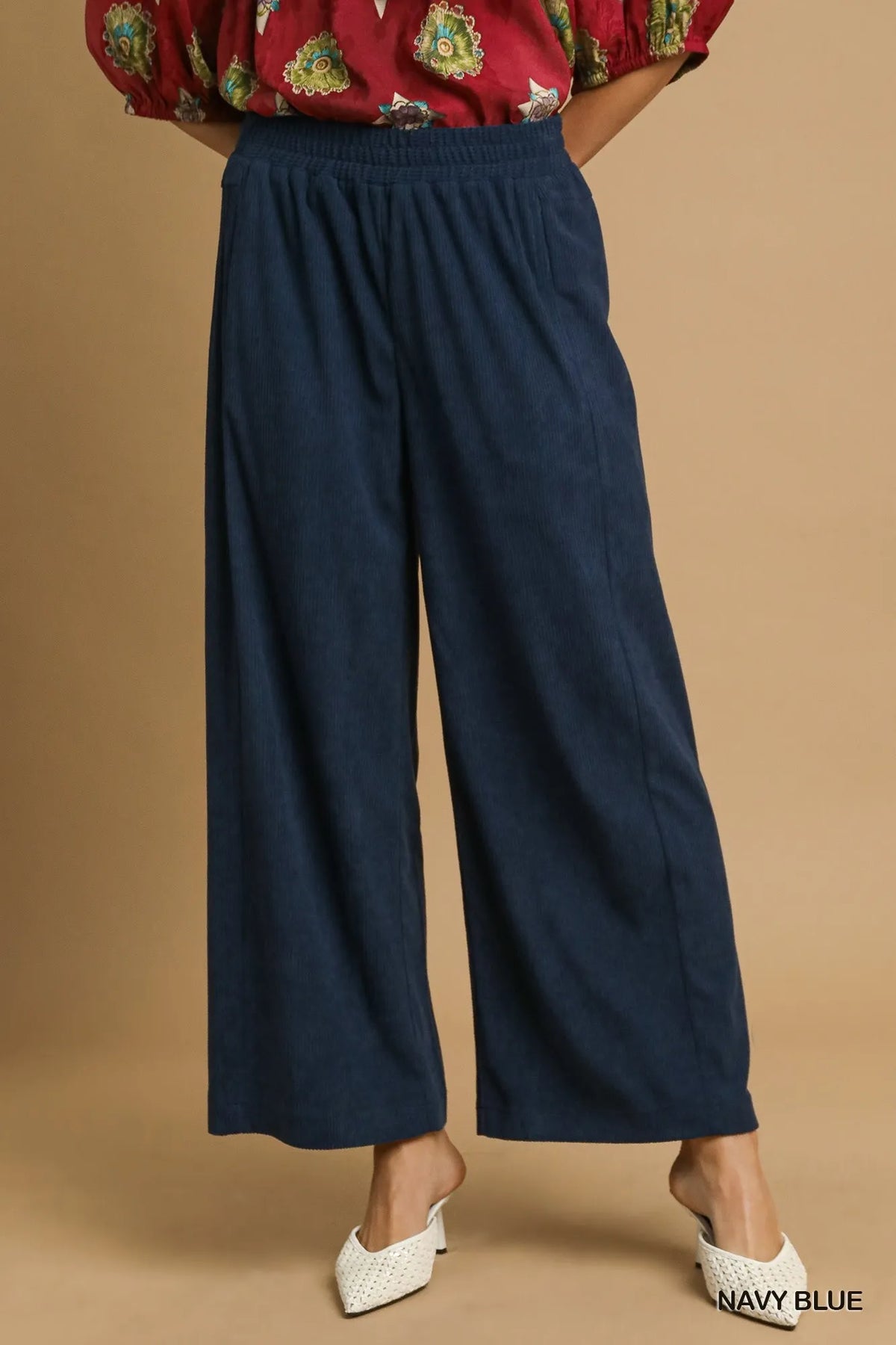 Navy Wide-Leg Corduroy Cropped Pants