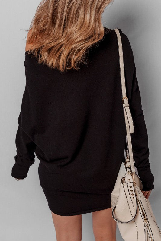 Asymmetric Neck Sweater Mini Dress, Black-Reef Love